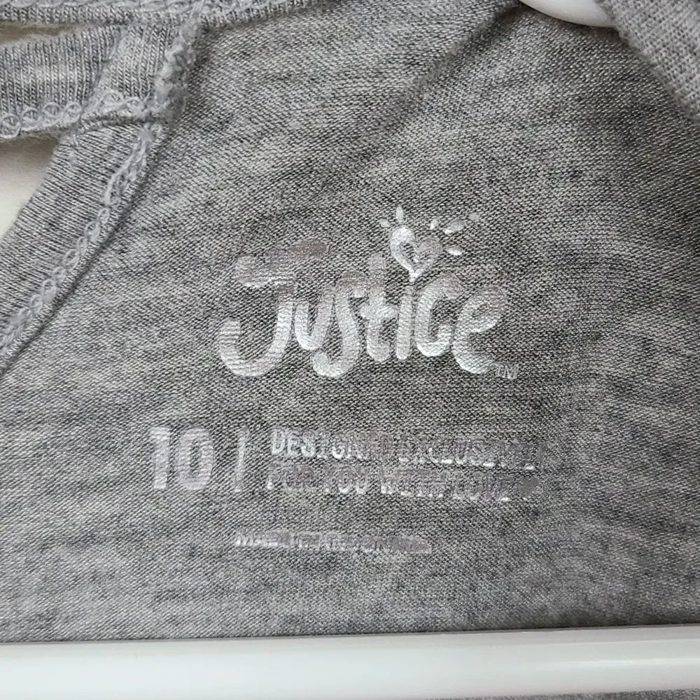 Justice Gray Short Sleeve Tee Girls 10 Be happy Glitter Heart Dog Sunglasses Top